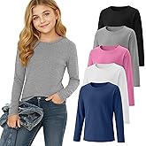 LessonZoo 5 Pack Girls' Long Sleeve Shirts Kids Soft Crewneck Casual Loose Fit Layering Tops Basic Athletic Pullover Tee