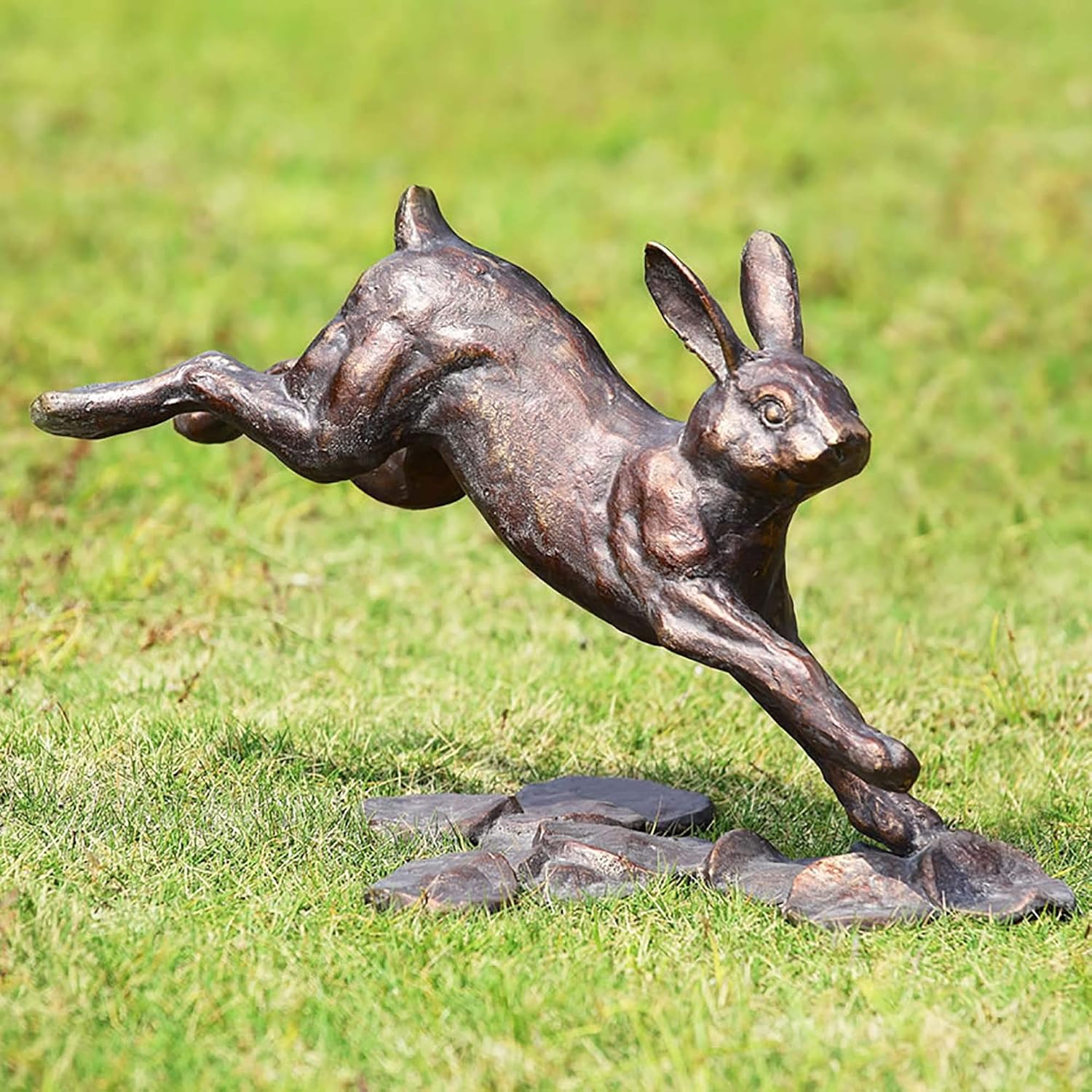 Running Rabbit Garden Sculpture Metal Bunny Statue Bronze Finish