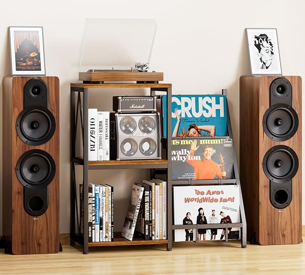 Y&M 3-TIER RECORD PLAYER STAND WITH VINYL RECORD STORAGE HOLDS UP TO 200 ALBUMS, TURNTABLE STAND WITH ALBUM STORAGE, RECORD SHELF DISPLAY TABLE FOR CD, END TABLE FOR HOME DECOR BEDROOM LIVING ROOM