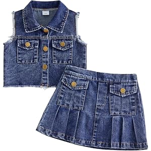 Nokpsedcb Toddler Girl Sleeveless Denim Jakcet Vest Jean Skirt 2 Piece Set | Toddler Girl Denim Outfit,Denim Set for Girls,Je