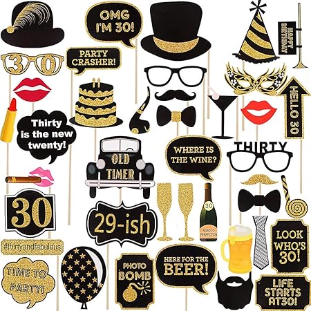 Amazon Com 30th Birthday Photo Booth Props 34pcs For Her Him Gold And Black Birthday Favor Decorations Dirty Thirty 30th Birthday Party Supplies For Men Women Kitchen Dining