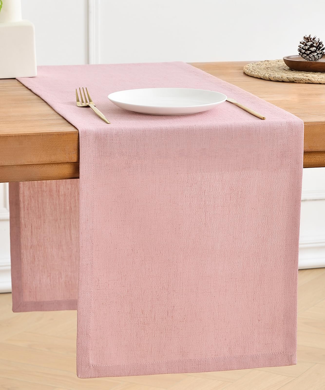Wracra Pink Linen Table Runner 120cm Long Machine Washable Rustic Farmhouse Table Runner for Dining Holiday Parties and Everyday Use(Pink, 120cm)