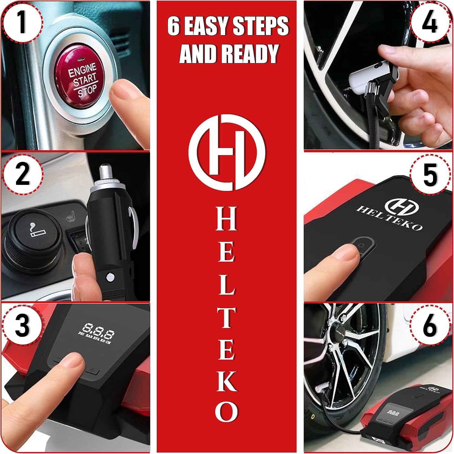 Helteko Portable Air Compressor Pump 12V DC - Digital Tire Inflator - Auto Tire Pump with Emergency Led Lighting and Long Cable for Car - Bicycle - Motorcycle - Basketball and Other: Automotive