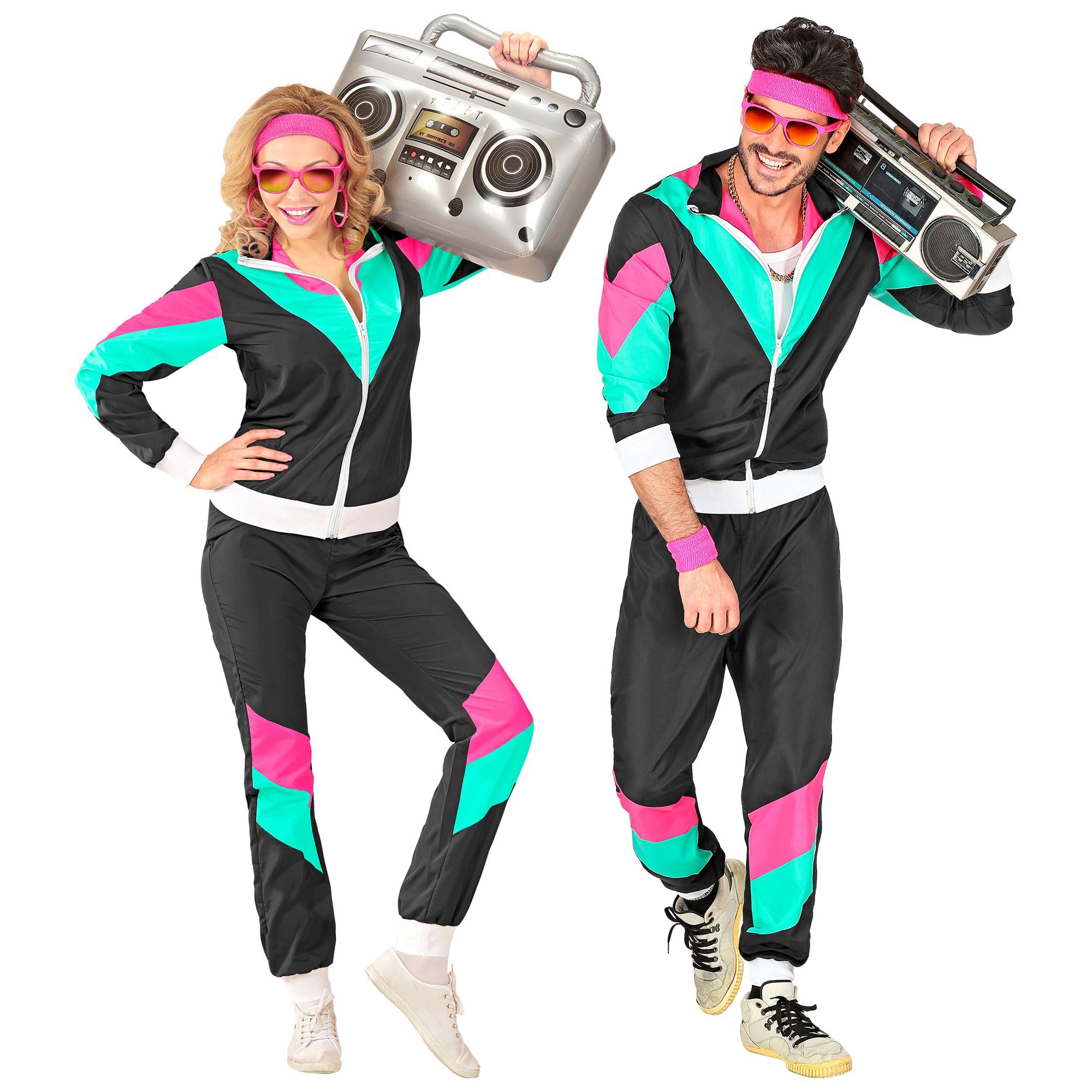 Widmann 10162 - Adult Costume 80s Tracksuit, Black/Turquoise/Pink, M
