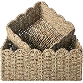 Scalloped Edge Basket, Wicker Storage Baskets, Hand Woven Baskets for Shelves,Natural Baskets for Organizing (Seagrass(S+M))