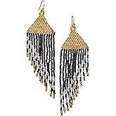 SPUNKYsoul Handmade Beaded Boho Earrings, Ombre Mixed Metallic Seed Bead Long Fringe Statement Earrings, Jewelry for the Modern Bohemian Women (GOLD,BLACK & WHITE)