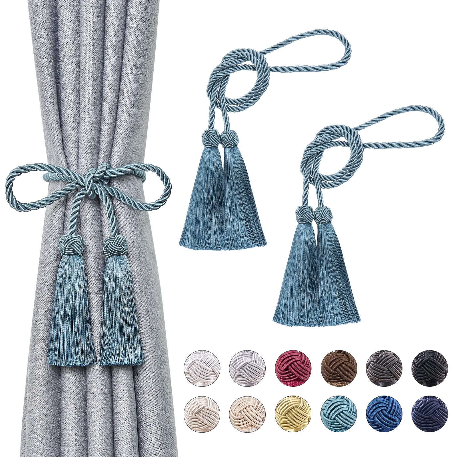 Pretty Jolly 2 Pack Double-ended Tassel Curtain Tiebacks Handmade Braided Rope Knot Drape Tie Backs European Style Decorative Curtain Holdbacks for Home & Office Window Drapery (Teal)