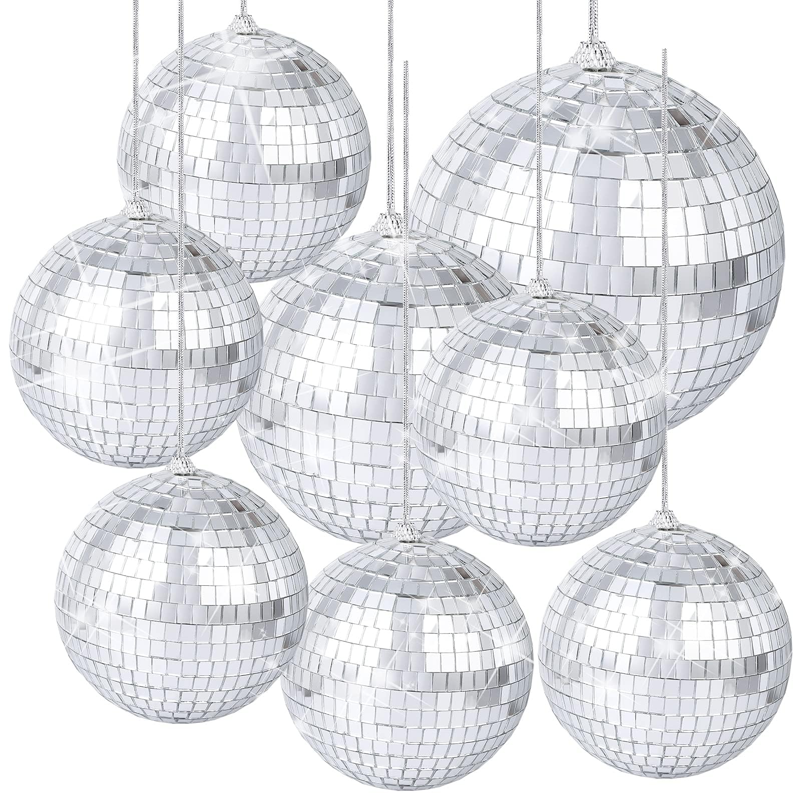 8 Pieces Mirror Disco Balls Disco Party Decoration DJ Light Effect Silver Stage Props Silver Hanging Disco Light Mirror Ball for Retro Party, Fun Party, Home Bands Decorations