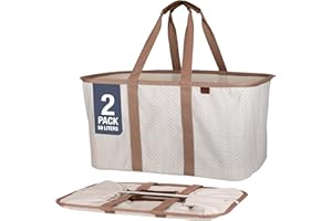 CleverMade Collapsible Laundry Tote - LUXE Cream Herringbone 2Pack 50L -Foldable Storage Organization Container Clothes Laundry Room Storage Solution