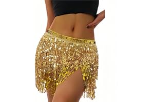 MUNAFIE Sequin Tassel Hip Scarf Sequin Tassel Skirts Rave Fringe Hip Scarf for Festival Belly Dance Skirt