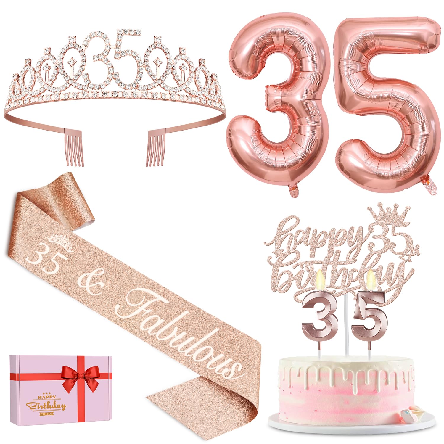 35th Birthday Decorations for Women, Including 35th Birthday Sash and Tiara, Cake Topper and Candles, Number Balloons, 35 Year Old Gifts for Women