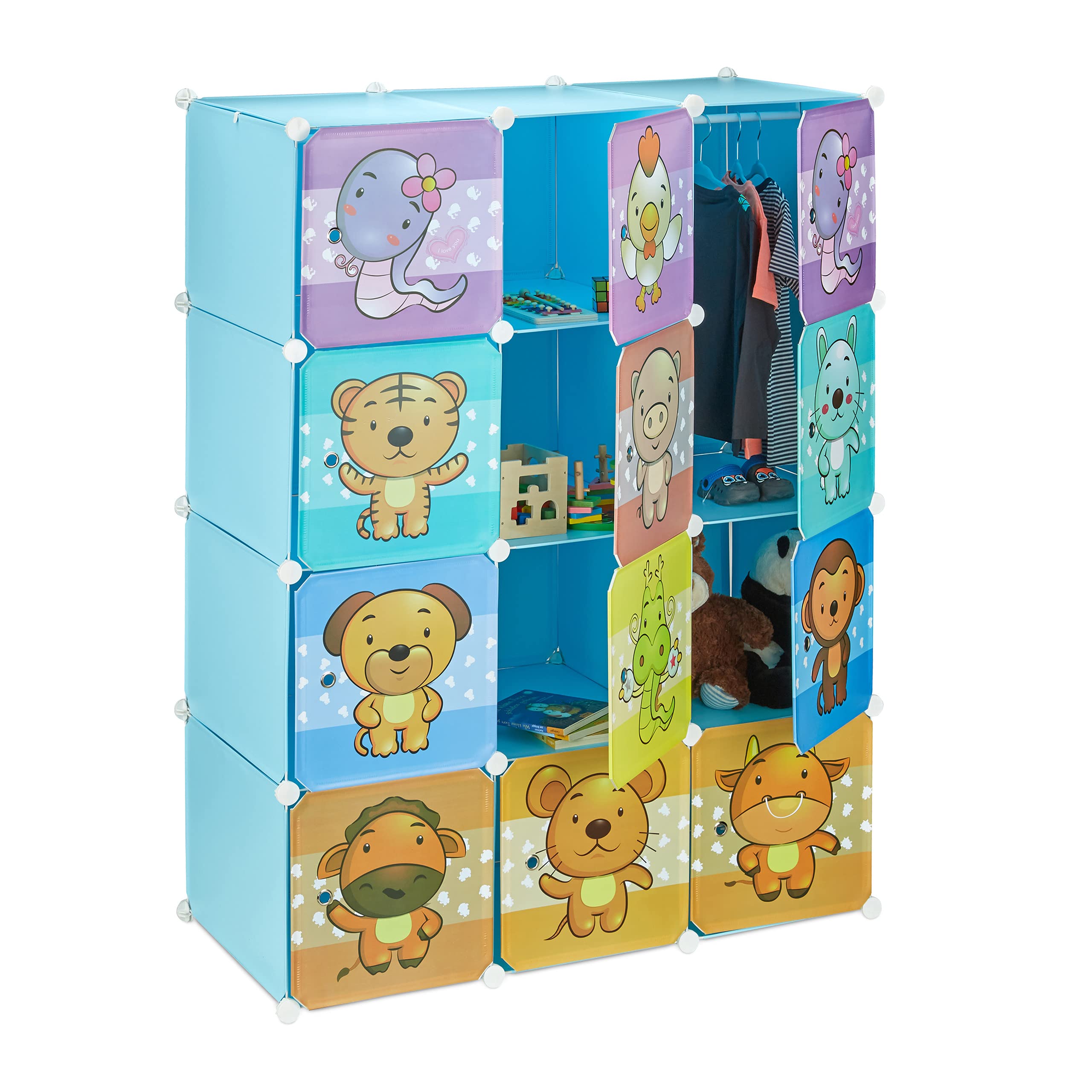 Relaxdays Children’s Modular Shelf, Cute Animal Prints, Plastic System, Doors, Wardrobe, Clothes Rails, Blue