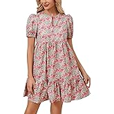 Women's Floral Babydoll Mini Dresses Puff Short Sleeve Zip Up Ruffle Swing Dress with Pockets