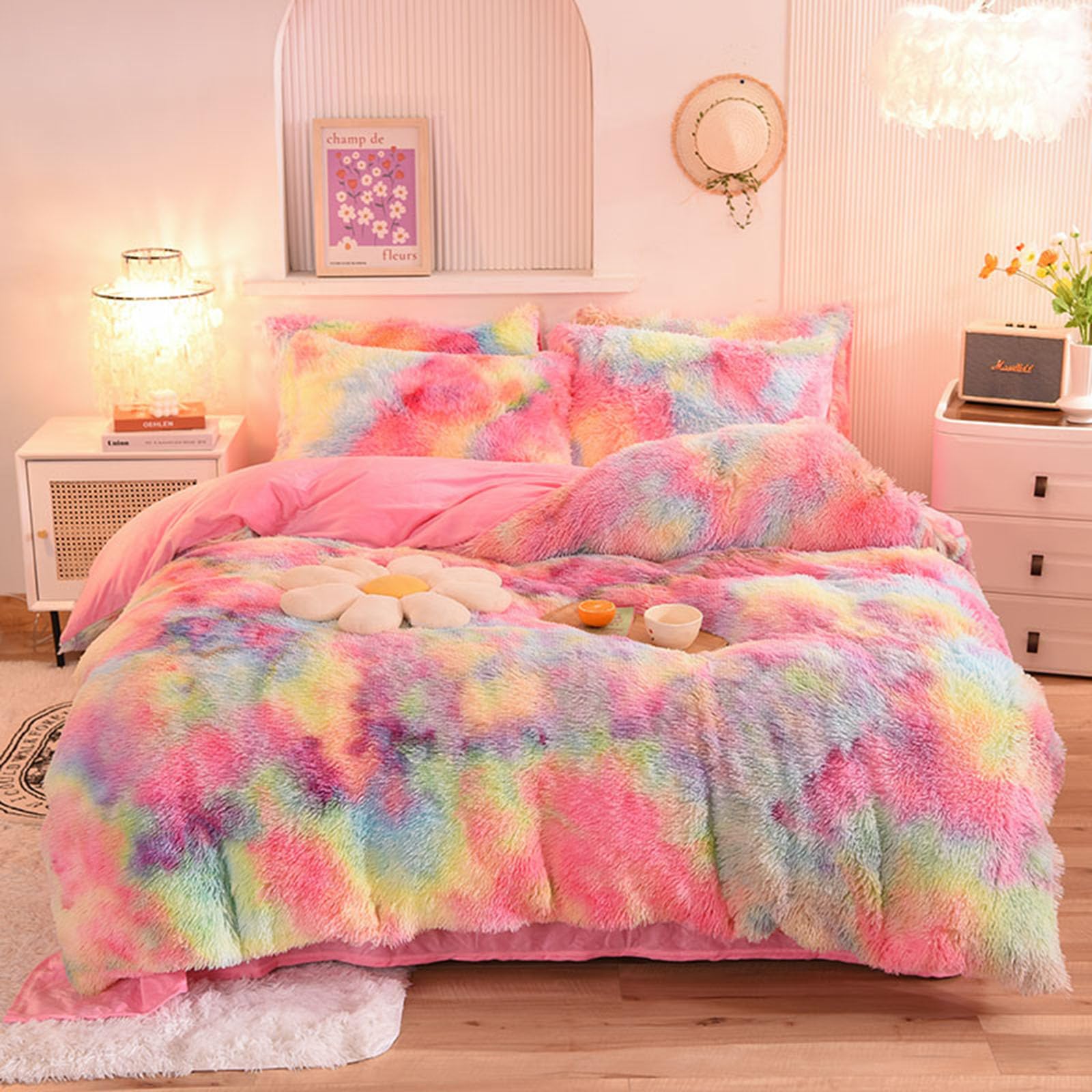 ZIQINPSQ Plush Shaggy Duvet Cover Set,Tie Dye Faux Fur Bedding Set for Teens Girls Soft Velvet Fluffy Fuzzy Comforter Cover Bed Set (Pink, Double) — image 1