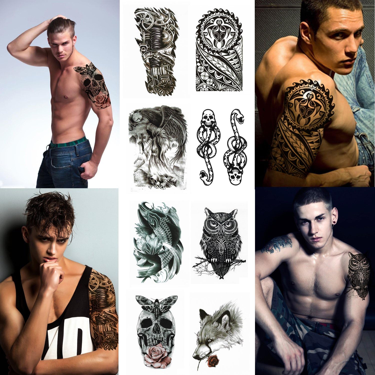 Playmax 8 Sheets of Stylish Waterproof Large Snake Koi Fish Skull Owl Wolf Mechanical Arm Devil Biker Gym Lover Body Arms Shoulders Chest Back Temporary Tattoo Stickers for Teens Guys Boys Men