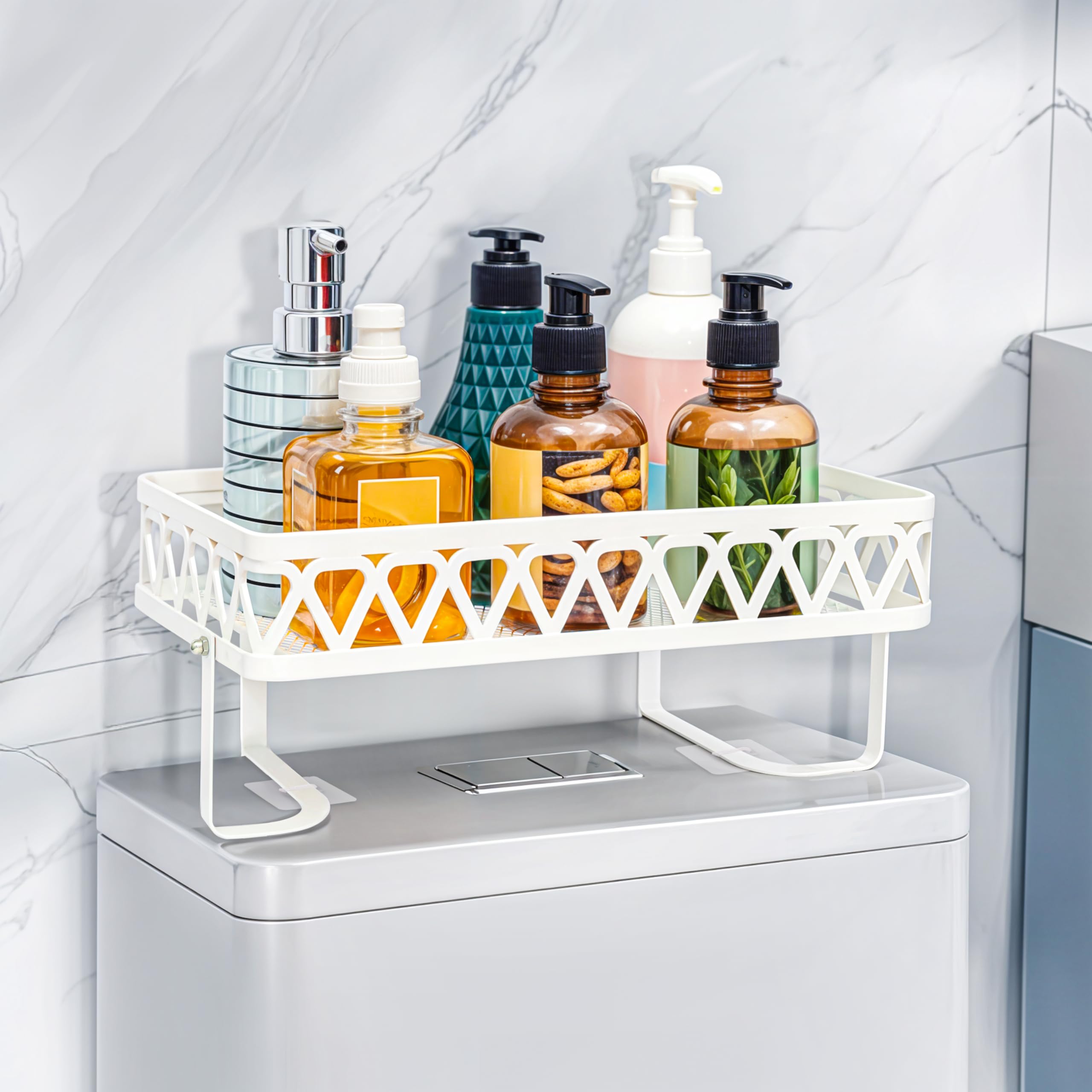BELLE VOUS White Over The Toilet Storage Shelf - Stainless Steel Bathroom Organizer Rack - No Drilling Space Saving Shelf for Toiletries, Toilet Roll, Cosmetics & Accessories