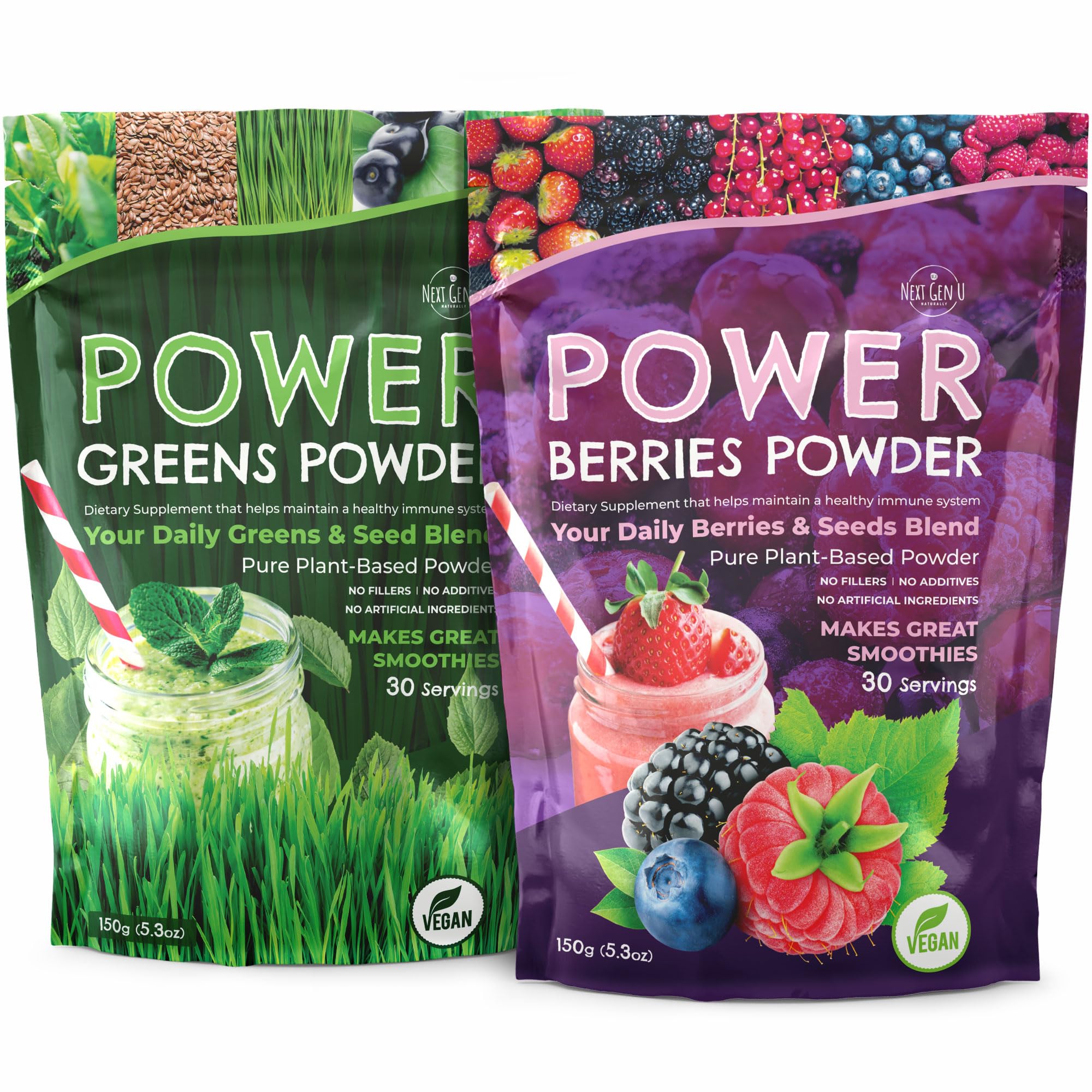 Superfood Greens Powder & Berries Powder Dietary Supplements - for Immune Support - 150 g Pouches - Super Smoothie Mix for Juice & Shakes - Powdered Acai & Flaxseed Blends for Health - by NextGenU