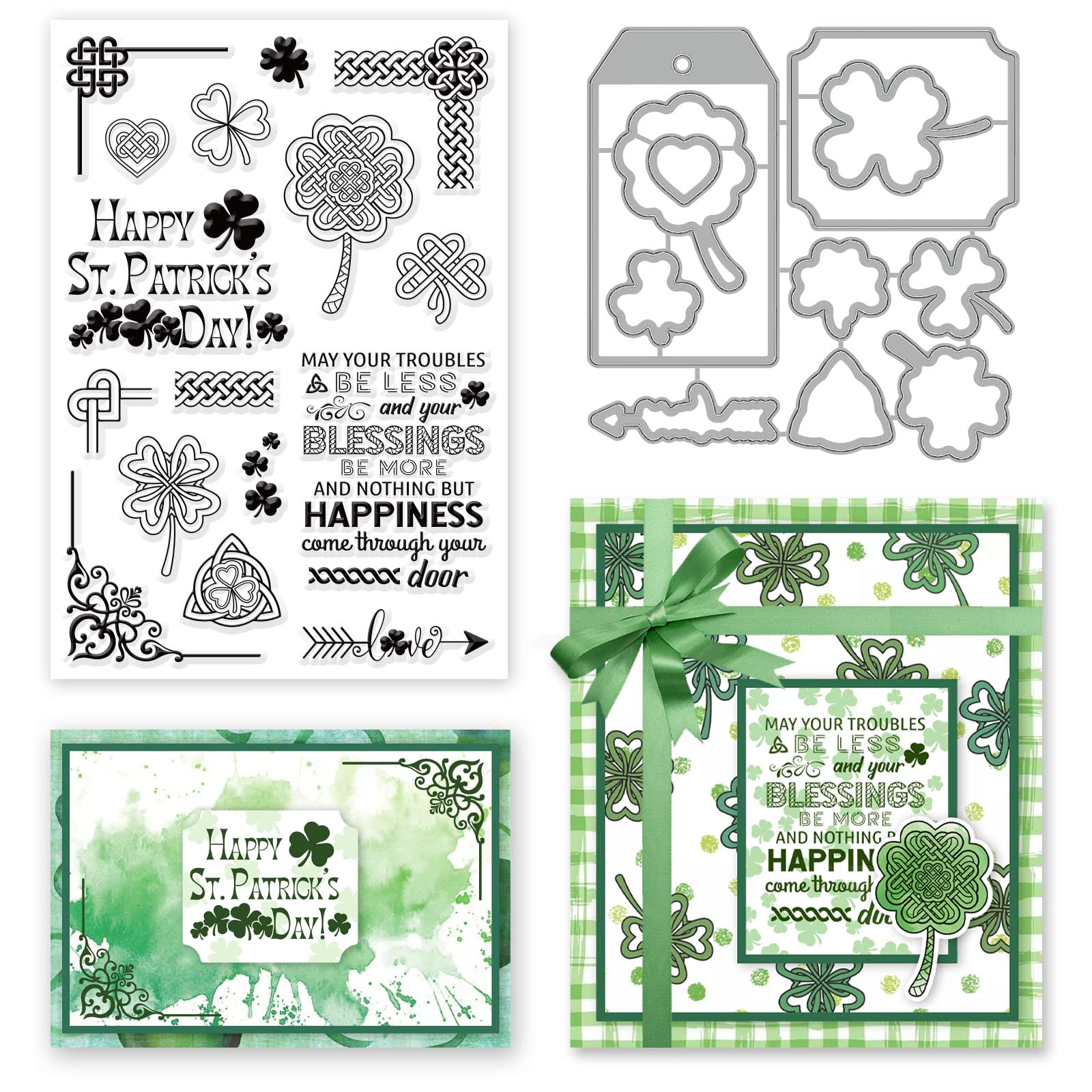 INFUNLY St. Patricks Day Clover Clear Stamp and Die Cut for Card Making Label Cutting Die Blessing Word Rubber Stamp Transparent Silicone Stamp for DIY Scrapbooking Paper Photo Album Decor