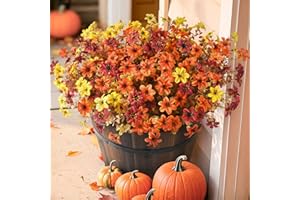 HOMSUNNY Artificial Mums Fake Fall Flowers for Outdoors Decoration, 12 Bundles Realistic Autumn Silk Daisy Faux Plants UV Resistant Decor for Home Garden Porch Patio Yard Balcony Window (Yellow Brown Orange)