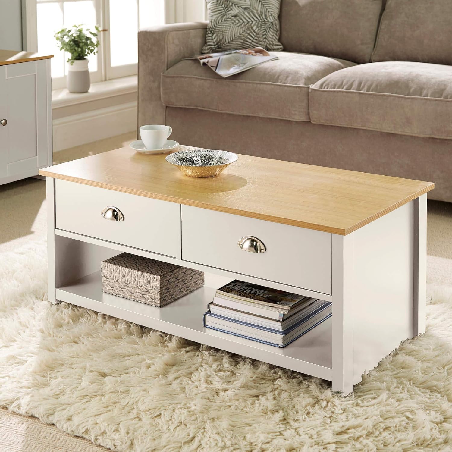 Home Source Oak Coffee 2 Drawer Occasional Table, Off White, D Cup