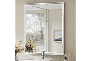 QueenFun Silver Bathroom Mirror, 30x36 Inch Beveled Silver Vanity Mirror for Bathroom Wall, Silver Metal Framed Mirror Anti-Rust, Silver Rectangle Wall Mounted Mirror for Bathroom(Vertical/Horizontal)