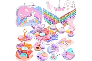 AOJIENI Tea Party Set for Little Girls: 63Pcs Pretend Play Toys, Unicorn Princess Dress Up Tea Time, Tin Tea Sets for Toddlers with Dessert, Carrying Case, Kids Kitchen Playset, Birthday Gift for Toddler Girl