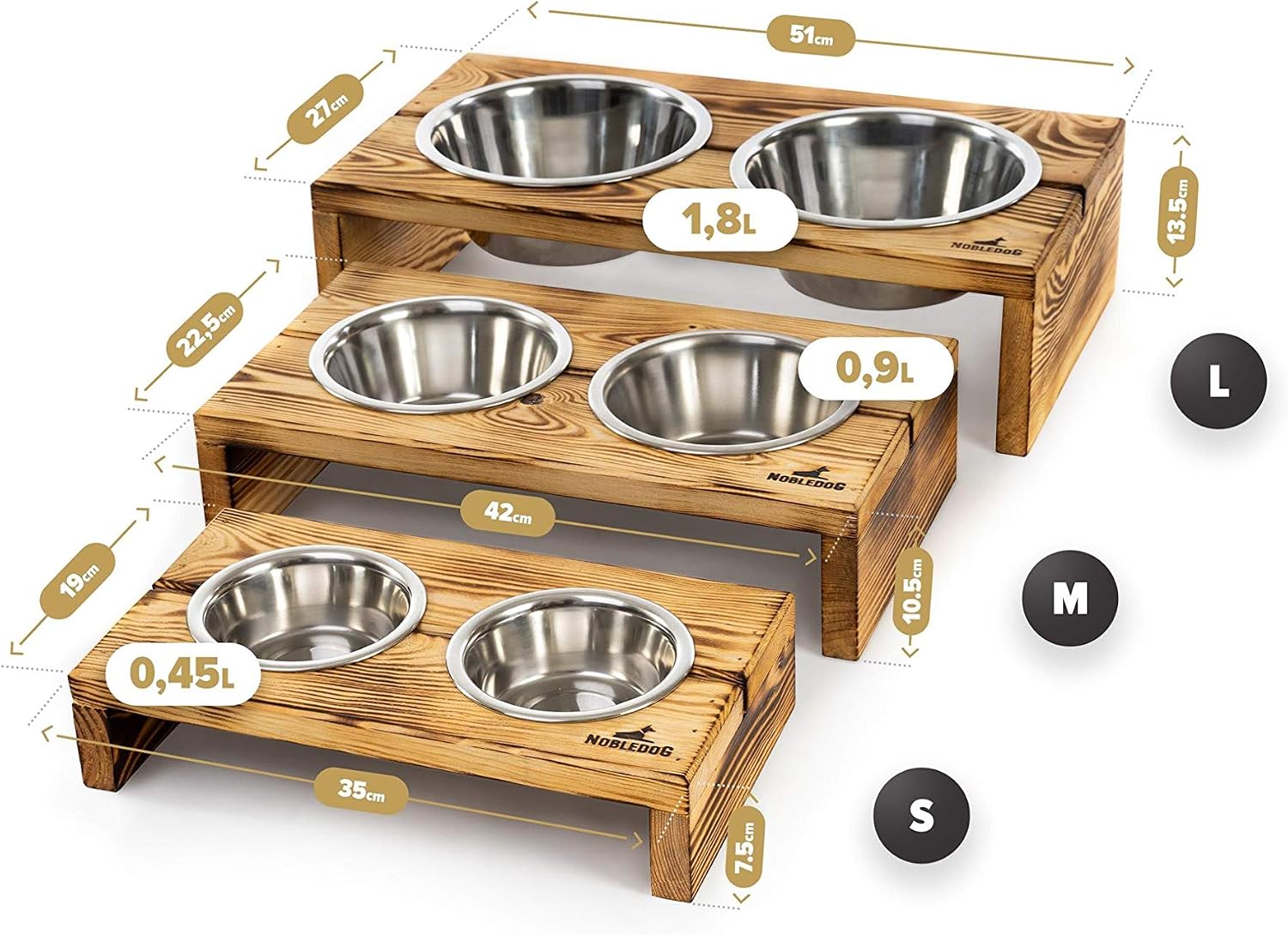Nobledog Pinewood Double Feeding Station, Stainless Steel Bowls, Food Bowl Holder, Ergonomic, for Dogs, Brown, 2 x 0.3 L - Image 5