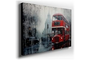 Misty London Street With Iconic Red Bus, A Dreamlike Urban Scene Large, Decor, Office, Bedroom,. Size: 130x86 cm (51x34 inch)