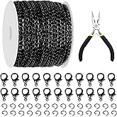 Glarks 102Pcs 30 Feet Jewelry Chains Set Black Cable Link Chains Link Rolls Bulk Twisted Links Chain Necklace Jewelry Making Chains with Lobster Clasps and Jump Rings for Necklace Jewelry Making