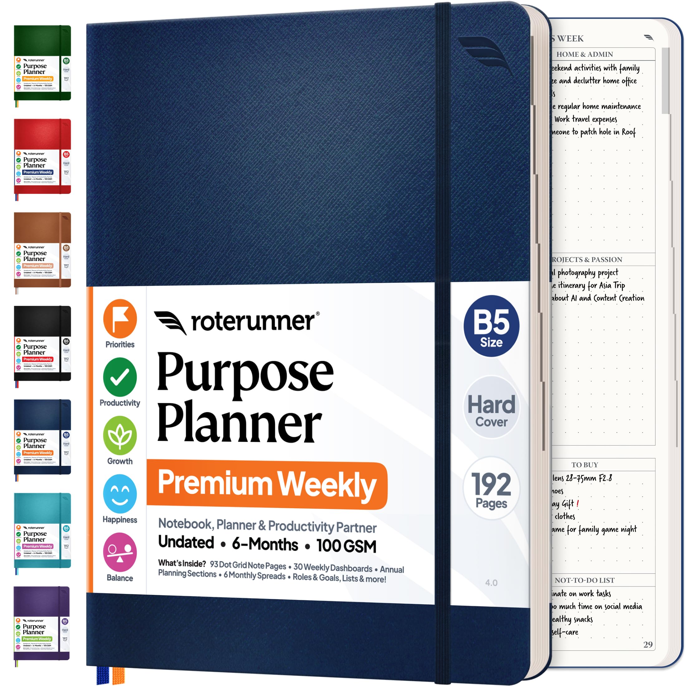 Roterunner Purpose Planner Notebook B5 7.5”x9.8” Undated Planner 2025 Daily Weekly and Monthly Productivity Goal Setting Tool for Work Home — image 1