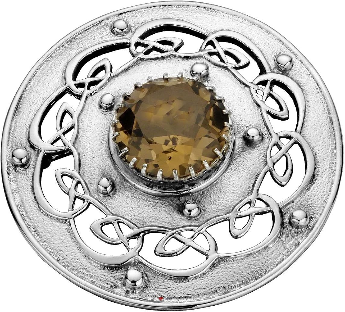 Plaid Brooch Sterling Silver Open Celtic Scrollwork Smokey Quartz 60mm