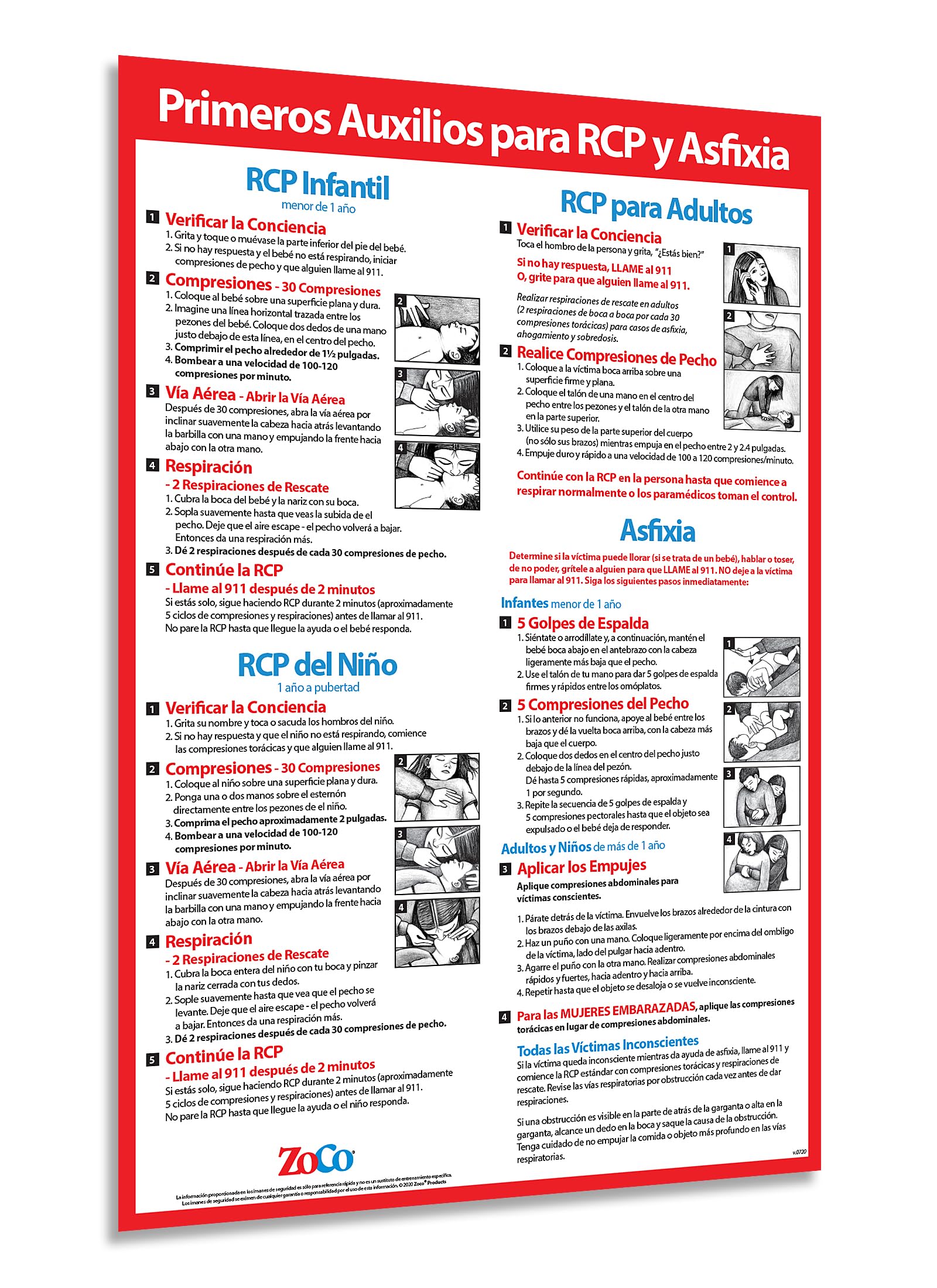 CPR & Choking First Aid Posters in Spanish (en Español) - Laminated, 12 in. x 18 in. - Restaurant Compliance Signs - School Supplies in Spanish