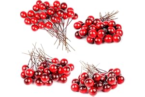 CCINEE 100pcs Mini Christmas Holly Berry Stems Artificial Red Berry Stem Branches for Christmas Craft Tree Wreath Decoration