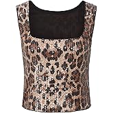 SportsWell Women's Leopard Cheetah Print Top Sequin Y2k Tops Crop Tank Top Sleeveless