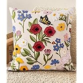 Kokaaee Embroidered Throw Pillow Cover 18x18 Inch - Spring Summer Boho Decorative Pillow Cover with Zipper for Living Room Couch Sofa Bed Aesthetic Design Retro Flower Cushion Pillowcase