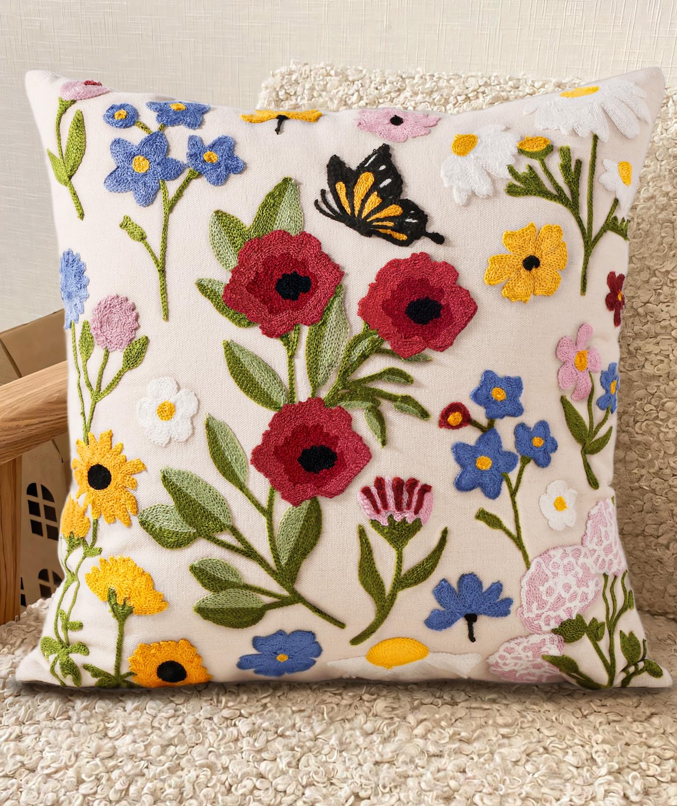 Photo 1 of ***(STOCK PHOTO FOR REFERENCE ONLY/ ITEM MAY DIFFER)***Kokaaee Embroidered Throw Pillow Covers 18x18 Inch - Summer Boho Decorative Pillow Cover with Zipper for Living Room Couch Sofa Bed Aesthetic Design Retro Flower Linen Cushion Pillowcase