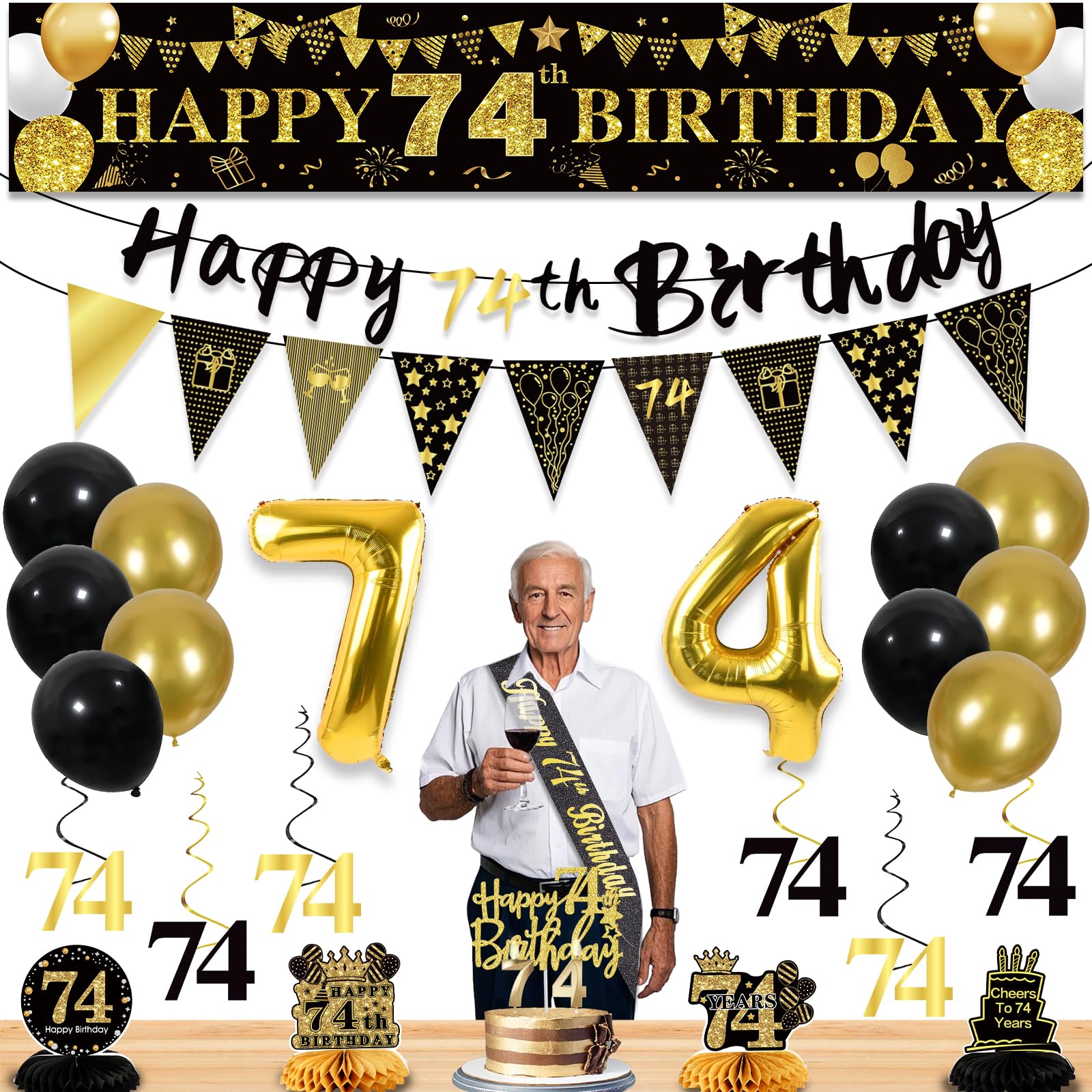 27pcs 74th Birthday Decorations for Men, Black Gold 74th Party Decorations, Happy 74th Birthday Banner Honeycomb Hanging Swirls Cake Topper and Balloons Kit Party Supplies