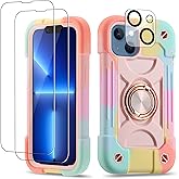 Cookiver for iPhone 14 Case/iPhone 13 Case Inch with Ring Stand, with 2 Pack Glass Screen Protector + 1 Pack Camera Lens Protector,Heavy-Duty Shockproof Military Grade Rugged Cover (Rainbow Pink)