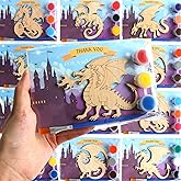 Dragon Party Favors for Kids - 12PCS Paint Your Own Wooden Magnet Kits with Thank You Cards, Individually Wrapped Dragon Birt
