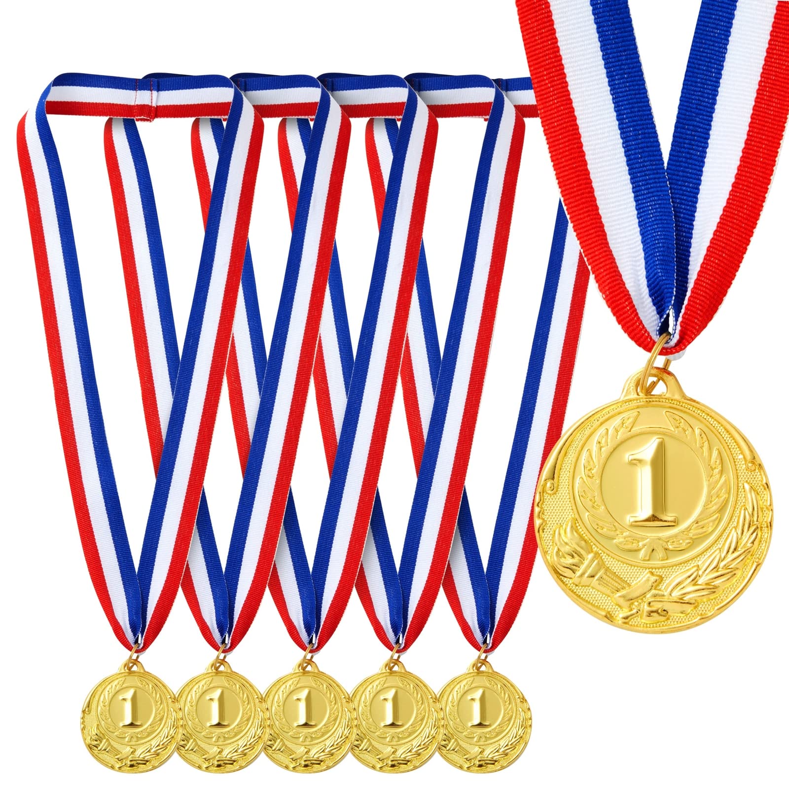 6-Pack Gold 1st Place Winner Medals for All Ages, Participation Awards with 39.4 cm Red, White, and Blue Ribbon for Sports, Tournaments, Competitions (Zinc Alloy, 50mm)