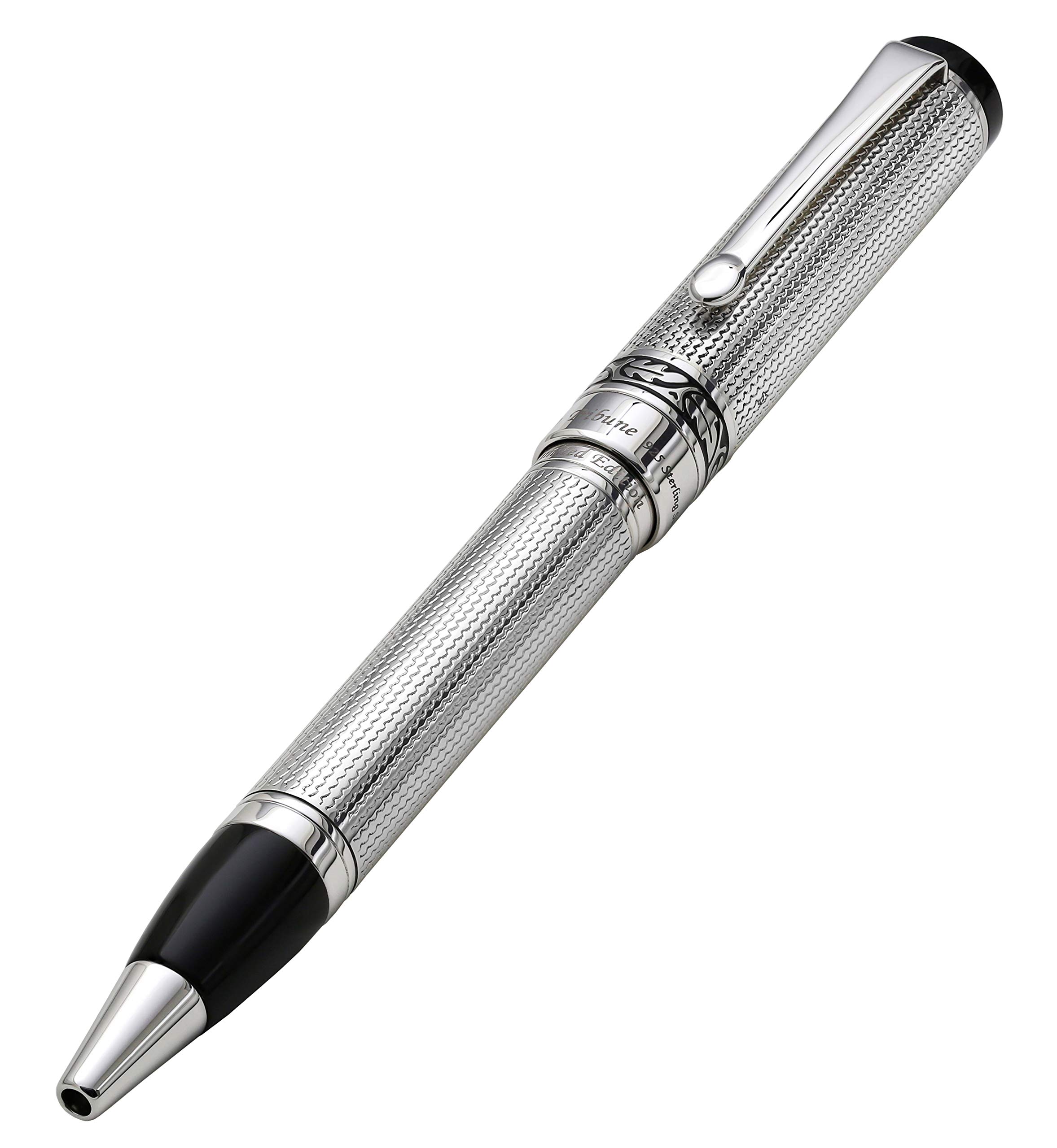 Xezo Tribune Twist Action Ballpoint Pen, Medium Point. Solid Sterling Silver Barrel with Pure Platinum Plated Parts. Handcrafted, Limited Edition of 300, Serialized