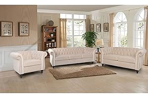 RARZOE 3 Pieces of Living Room Furniture Sofa Sets, Modern Velvet Chesterfield Sofa&Chesterfield Club Chair&Chesterfield Loveseat Sofas Set with Nailhead Trims Scroll Arms for Living Room (Beige)