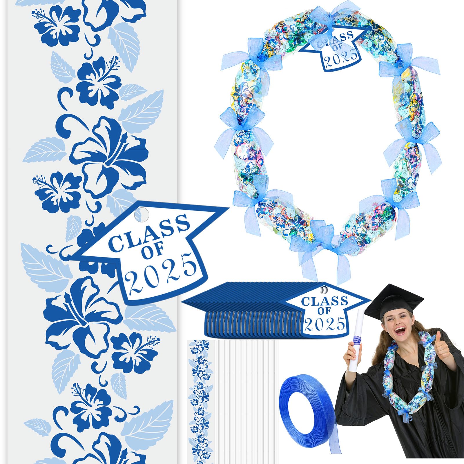 Photo 1 of Junkin 24 Set Candy Lei Tubing Graduation Money Lei Making Kit Class of 2025 Hawaiian Congrats Grad Long Ribbons Dessert Filler for Party Graduate Gifts(Blue)