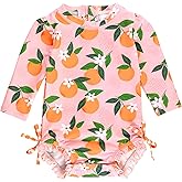 RuffleButts Baby Girls UPF 50+ Sun Protection Floral Printed Long Sleeve One Piece Rash Guard Swimsuit with Zipper