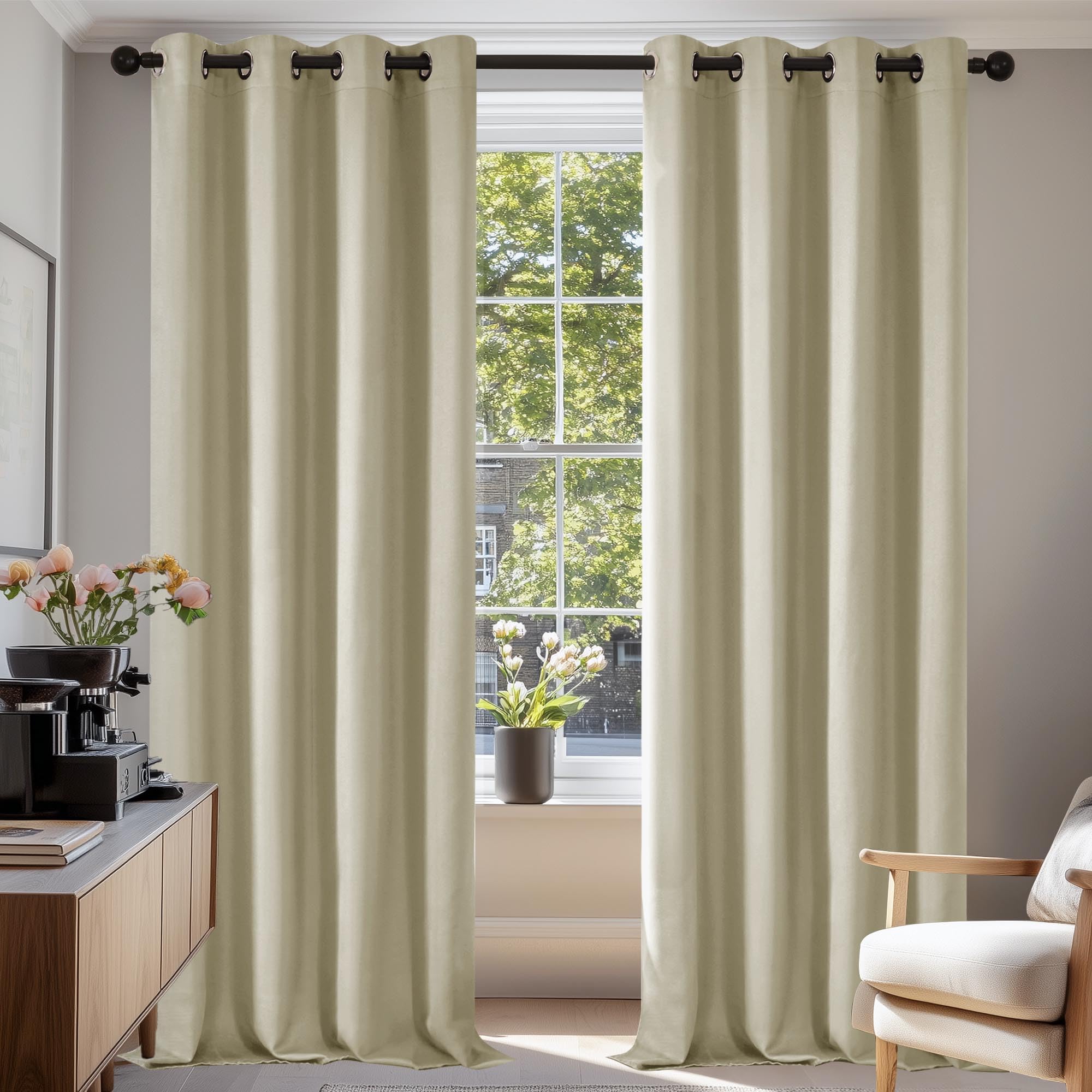 Deconovo Super Soft Ring Top Thermal Insulated Room Darkening Curtains for Bedroom Eyelet 55x87 Inch 2 Panels Beige