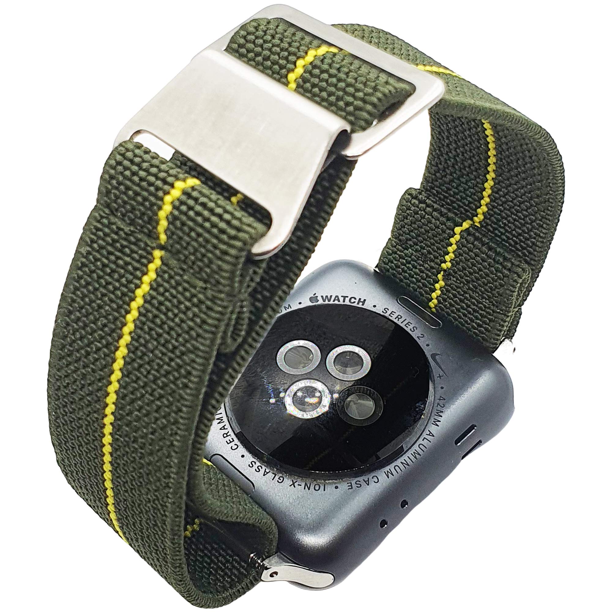 Max French Marine Nationale Elastic Watch Strap Compatible with Apple iwatch Series 9 8 7 6 5 4 3 2 1 Ultra Nylon Navy Divers Parachute Band (Small - 38mm/40mm/41mm, Green/Yellow)