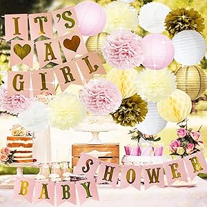 Princess Baby Shower Decorations for Girl Pink and Gold Baby Shower It's A Girl Banner Tissue Pom Poms Paper Lanterns Honeycomb Balls Pink/White/Gold/Cream Baby Shower Party Decoration Nursery Decor