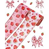 Liobelon 2 Roll 10 Yards Strawberry Ribbon, 2.5 Inch Wide Strawberry Ribbon with Wire for Crafts, Hair Bows, Wreath, Gift Wrapping, Pink Polyester