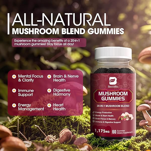 2 PACK MUSHROOM GUMMIES, 20 IN 1 LIONS MANE MUSHROOM COMPLEX SUPPLEMENT WITH REISHI, CHAGA, CORDYCEPS & MORE FOR ADULT, SUPPORT FOR BRAIN, FOCUS & COGNITIVE HEALTH, VEGAN, RASPBERRY FLAVOR, 120CT