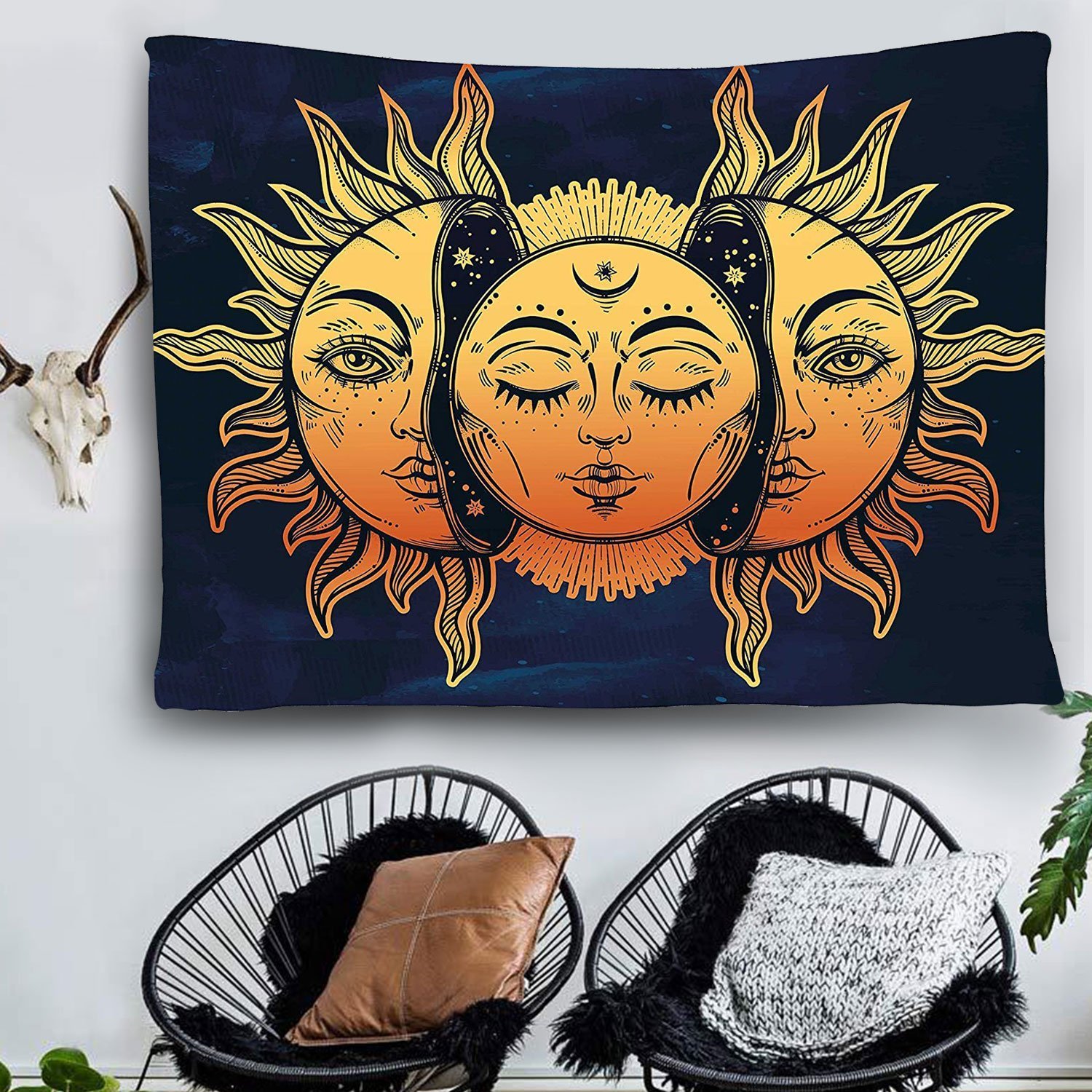 Psychedelic Tapestry Indian Moon and Sun with Many Fractal Faces Tapestry Wall Decor (Sun, 50\'\'X60\'\')